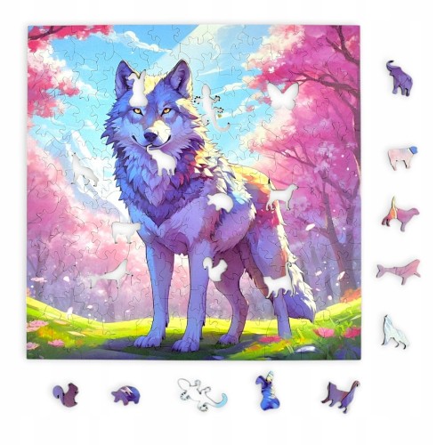 puzzle z wilkiem, wilczek, kolorowy wilczek, wilczek na kolorowym tle,  25x25cm , kwadratowe puzzle, nieregularne kształty, puzzle drewniane, 150 elementów, mruu&amp;pruu puzzle, mruupruu, mruupruu puzzle