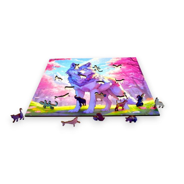 puzzle z wilkiem, wilczek, kolorowy wilczek, wilczek na kolorowym tle,  25x25cm , kwadratowe puzzle, nieregularne kształty, puzzle drewniane, 150 elementów, mruu&amp;pruu puzzle, mruupruu, mruupruu puzzle