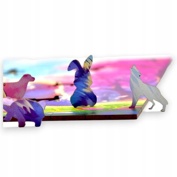 puzzle z wilkiem, wilczek, kolorowy wilczek, wilczek na kolorowym tle,  25x25cm , kwadratowe puzzle, nieregularne kształty, puzzle drewniane, 150 elementów, mruu&amp;pruu puzzle, mruupruu, mruupruu puzzle