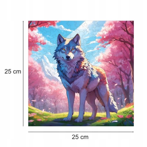puzzle z wilkiem, wilczek, kolorowy wilczek, wilczek na kolorowym tle,  25x25cm , kwadratowe puzzle, nieregularne kształty, puzzle drewniane, 150 elementów, mruu&amp;pruu puzzle, mruupruu, mruupruu puzzle