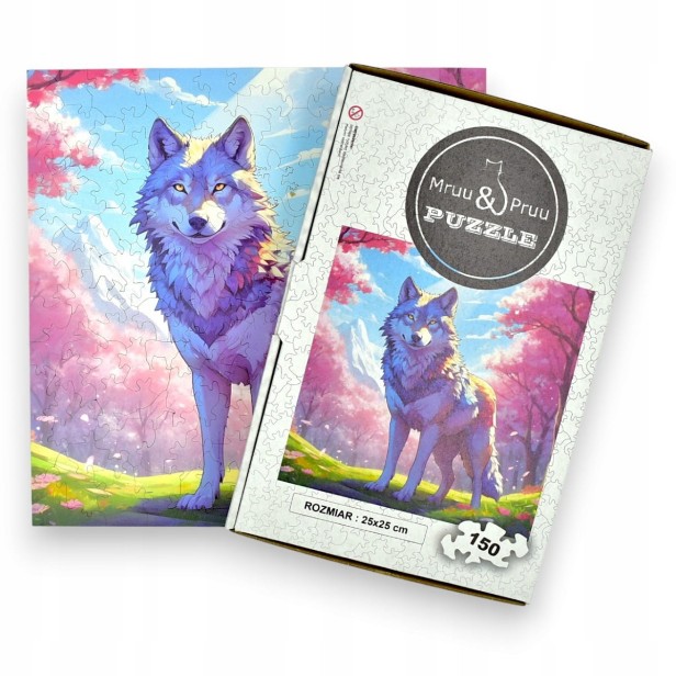 puzzle z wilkiem, wilczek, kolorowy wilczek, wilczek na kolorowym tle,  25x25cm , kwadratowe puzzle, nieregularne kształty, puzzle drewniane, 150 elementów, mruu&amp;pruu puzzle, mruupruu, mruupruu puzzle