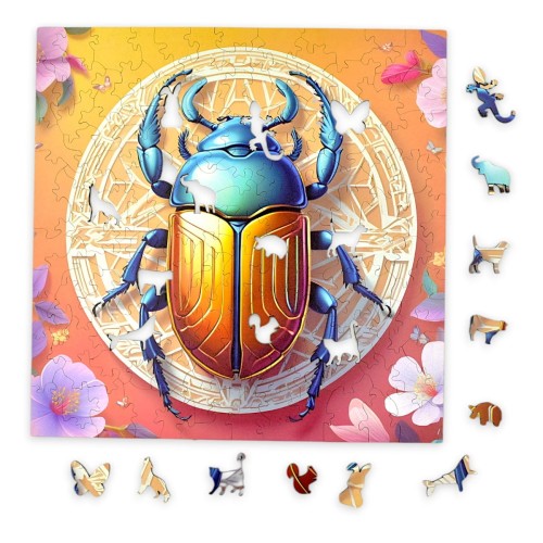 puzzle z skarabeuszem, skarabeusz, kolorowy żuk, skarabeusz na kolorowym tle,  25x25cm , kwadratowe puzzle, nieregularne kształty, puzzle drewniane, 150 elementów, mruu&amp;pruu puzzle, mruupruu, mruupruu puzzle