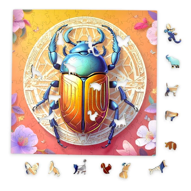 puzzle z skarabeuszem, skarabeusz, kolorowy żuk, skarabeusz na kolorowym tle,  25x25cm , kwadratowe puzzle, nieregularne kształty, puzzle drewniane, 150 elementów, mruu&amp;pruu puzzle, mruupruu, mruupruu puzzle