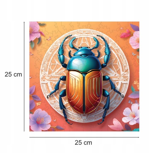 puzzle z skarabeuszem, skarabeusz, kolorowy żuk, skarabeusz na kolorowym tle,  25x25cm , kwadratowe puzzle, nieregularne kształty, puzzle drewniane, 150 elementów, mruu&amp;pruu puzzle, mruupruu, mruupruu puzzle