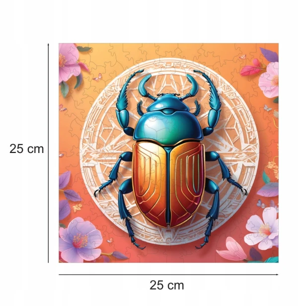 puzzle z skarabeuszem, skarabeusz, kolorowy żuk, skarabeusz na kolorowym tle,  25x25cm , kwadratowe puzzle, nieregularne kształty, puzzle drewniane, 150 elementów, mruu&amp;pruu puzzle, mruupruu, mruupruu puzzle