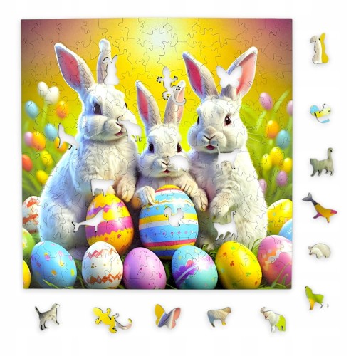 puzzle z króliczkami, królik, króliczki, króliki na kolorowym tle,  25x25cm , kwadratowe puzzle, nieregularne kształty, puzzle drewniane, 150 elementów, mruu&amp;pruu puzzle, mruupruu, mruupruu puzzle