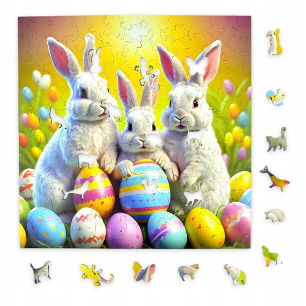puzzle z króliczkami, królik, króliczki, króliki na kolorowym tle,  25x25cm , kwadratowe puzzle, nieregularne kształty, puzzle drewniane, 150 elementów, mruu&amp;pruu puzzle, mruupruu, mruupruu puzzle