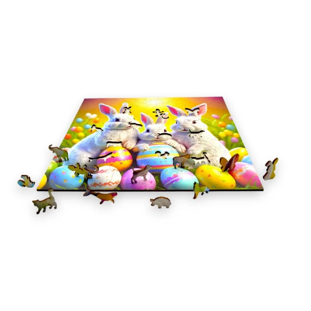 puzzle z króliczkami, królik, króliczki, króliki na kolorowym tle,  25x25cm , kwadratowe puzzle, nieregularne kształty, puzzle drewniane, 150 elementów, mruu&amp;pruu puzzle, mruupruu, mruupruu puzzle