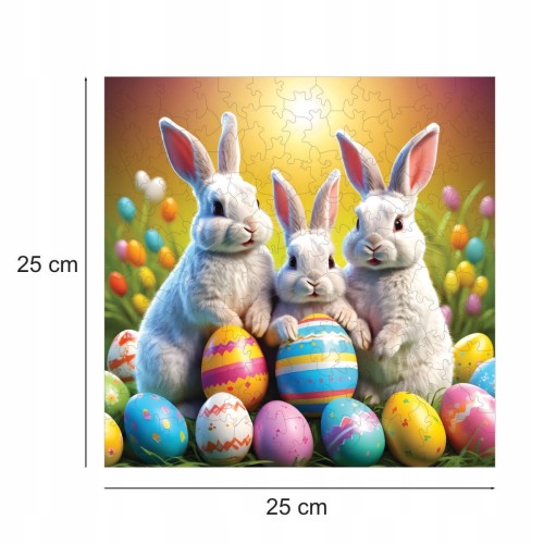 puzzle z króliczkami, królik, króliczki, króliki na kolorowym tle,  25x25cm , kwadratowe puzzle, nieregularne kształty, puzzle drewniane, 150 elementów, mruu&amp;pruu puzzle, mruupruu, mruupruu puzzle