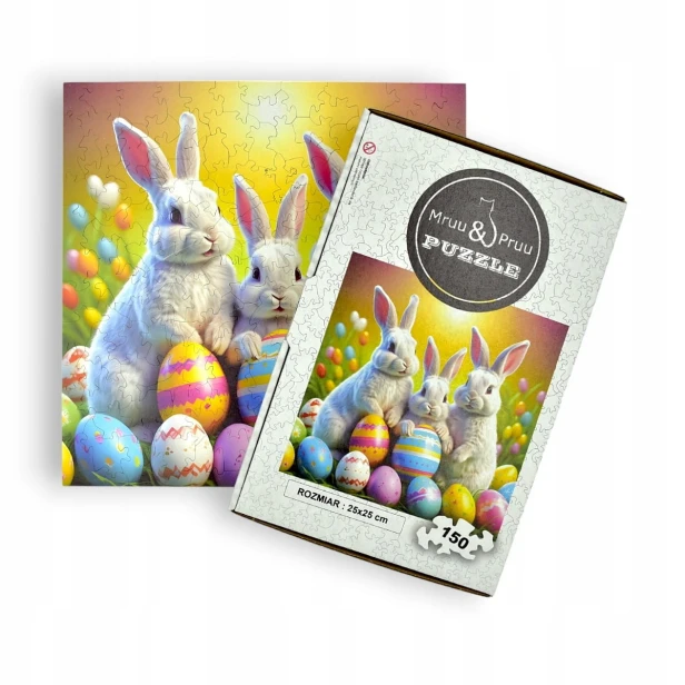 puzzle z króliczkami, królik, króliczki, króliki na kolorowym tle,  25x25cm , kwadratowe puzzle, nieregularne kształty, puzzle drewniane, 150 elementów, mruu&amp;pruu puzzle, mruupruu, mruupruu puzzle