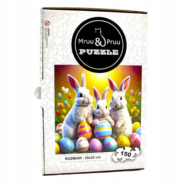 puzzle z króliczkami, królik, króliczki, króliki na kolorowym tle,  25x25cm , kwadratowe puzzle, nieregularne kształty, puzzle drewniane, 150 elementów, mruu&amp;pruu puzzle, mruupruu, mruupruu puzzle