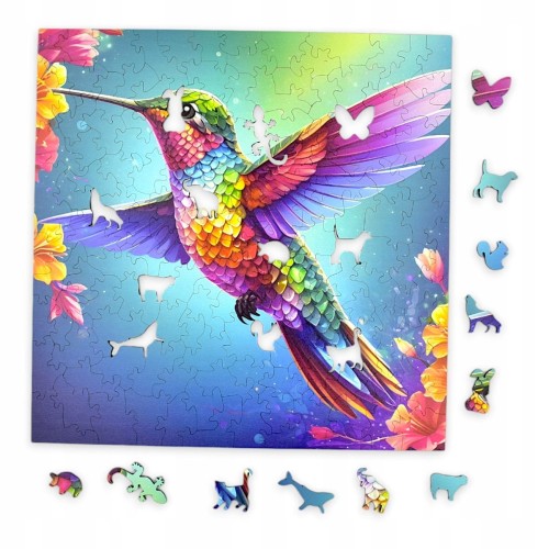 puzzle z kolibrem, koliber, koliberek, koliber na kolorowym tle,  25x25cm , kwadratowe puzzle, nieregularne kształty, puzzle drewniane, 150 elementów, mruu&amp;pruu puzzle, mruupruu, mruupruu puzzle