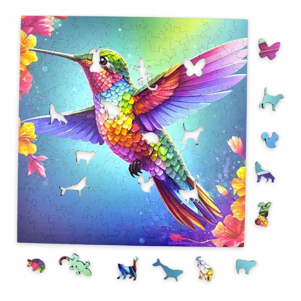 puzzle z kolibrem, koliber, koliberek, koliber na kolorowym tle,  25x25cm , kwadratowe puzzle, nieregularne kształty, puzzle drewniane, 150 elementów, mruu&amp;pruu puzzle, mruupruu, mruupruu puzzle