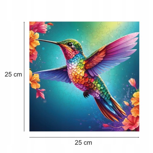 puzzle z kolibrem, koliber, koliberek, koliber na kolorowym tle,  25x25cm , kwadratowe puzzle, nieregularne kształty, puzzle drewniane, 150 elementów, mruu&amp;pruu puzzle, mruupruu, mruupruu puzzle