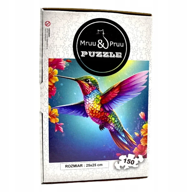 puzzle z kolibrem, koliber, koliberek, koliber na kolorowym tle,  25x25cm , kwadratowe puzzle, nieregularne kształty, puzzle drewniane, 150 elementów, mruu&amp;pruu puzzle, mruupruu, mruupruu puzzle