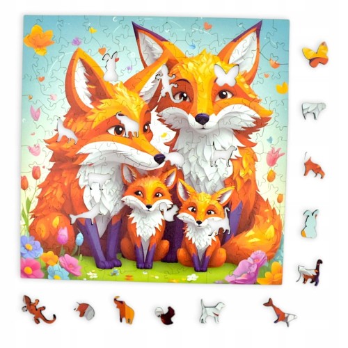 puzzle z liskami, lis, rodzina lisów, rodzina lisów na kolorowym tle,  25x25cm , kwadratowe puzzle, nieregularne kształty, puzzle drewniane, 150 elementów
