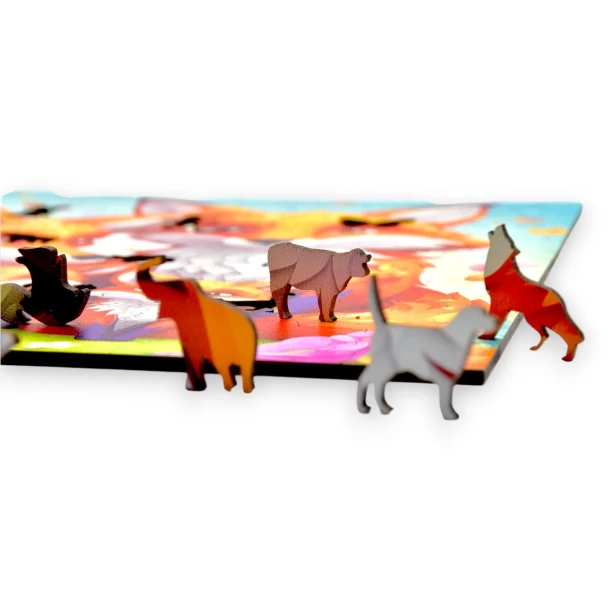 puzzle z liskami, lis, rodzina lisów, rodzina lisów na kolorowym tle,  25x25cm , kwadratowe puzzle, nieregularne kształty, puzzle drewniane, 150 elementów