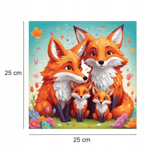 puzzle z liskami, lis, rodzina lisów, rodzina lisów na kolorowym tle,  25x25cm , kwadratowe puzzle, nieregularne kształty, puzzle drewniane, 150 elementów
