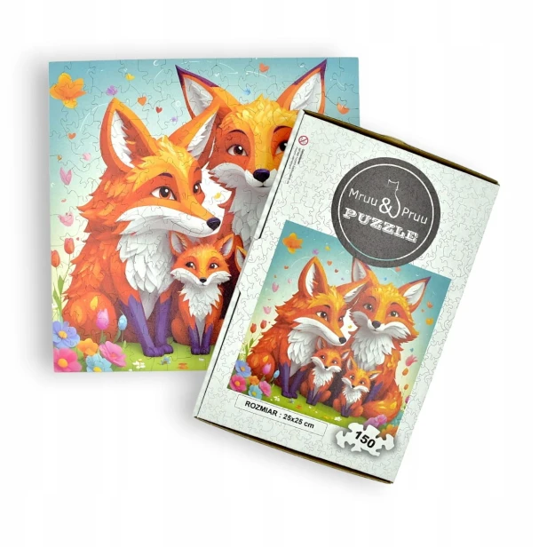 puzzle z liskami, lis, rodzina lisów, rodzina lisów na kolorowym tle,  25x25cm , kwadratowe puzzle, nieregularne kształty, puzzle drewniane, 150 elementów