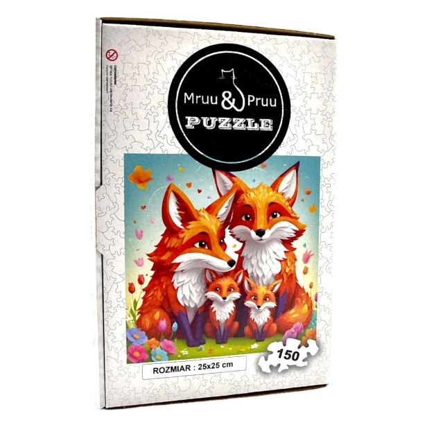 puzzle z liskami, lis, rodzina lisów, rodzina lisów na kolorowym tle,  25x25cm , kwadratowe puzzle, nieregularne kształty, puzzle drewniane, 150 elementów