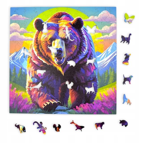 puzzle z niedźwiedziem, niedźwiedź brunatny, niedźwiedź na kolorowym tle,  25x25cm , kwadratowe puzzle, nieregularne kształty, puzzle drewniane, 150 elementów