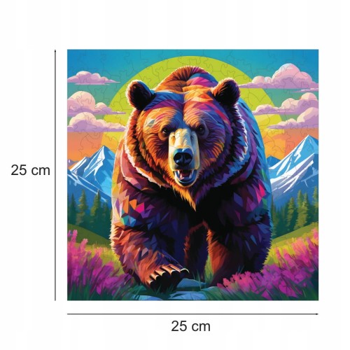puzzle z niedźwiedziem, niedźwiedź brunatny, niedźwiedź na kolorowym tle,  25x25cm , kwadratowe puzzle, nieregularne kształty, puzzle drewniane, 150 elementów