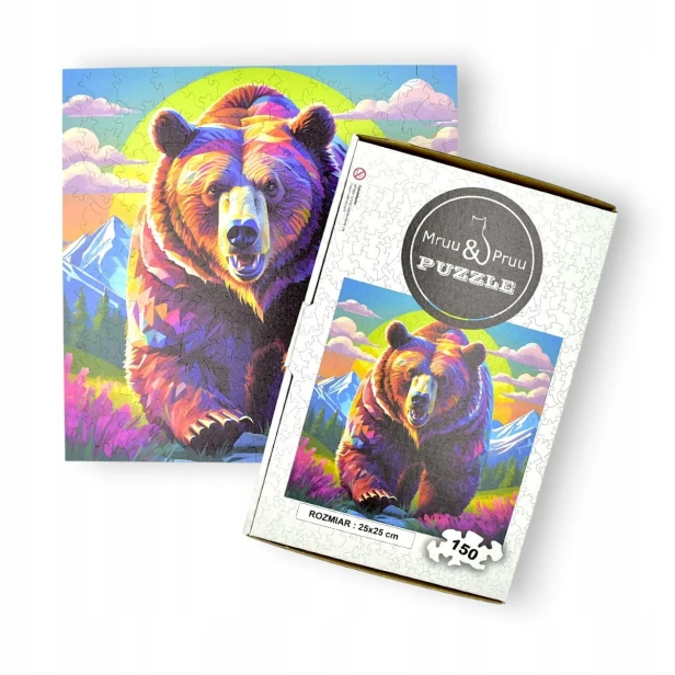 puzzle z niedźwiedziem, niedźwiedź brunatny, niedźwiedź na kolorowym tle,  25x25cm , kwadratowe puzzle, nieregularne kształty, puzzle drewniane, 150 elementów