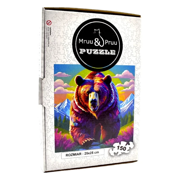 puzzle z niedźwiedziem, niedźwiedź brunatny, niedźwiedź na kolorowym tle,  25x25cm , kwadratowe puzzle, nieregularne kształty, puzzle drewniane, 150 elementów