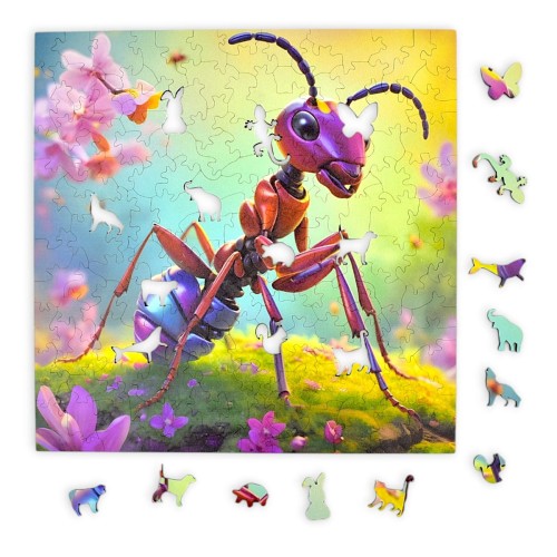 puzzle z mrówką, mrówka, słodka mrówka, mrówka na kolorwym tle,  25x25cm , kwadratowe puzzle, nieregularne kształty, puzzle drewniane, 150 elementów