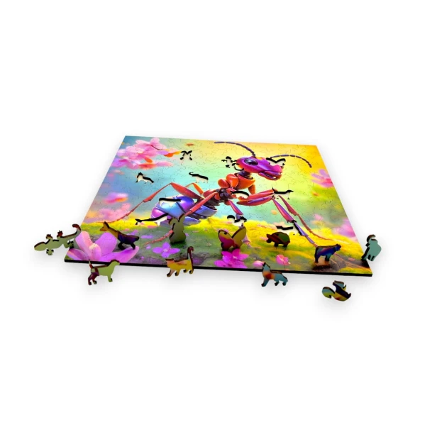 puzzle z mrówką, mrówka, słodka mrówka, mrówka na kolorwym tle,  25x25cm , kwadratowe puzzle, nieregularne kształty, puzzle drewniane, 150 elementów