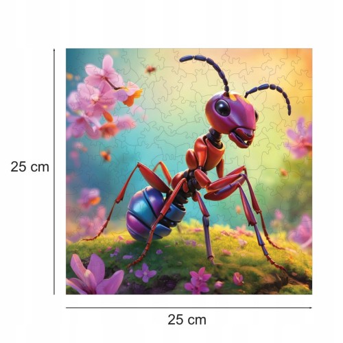 puzzle z mrówką, mrówka, słodka mrówka, mrówka na kolorwym tle,  25x25cm , kwadratowe puzzle, nieregularne kształty, puzzle drewniane, 150 elementów