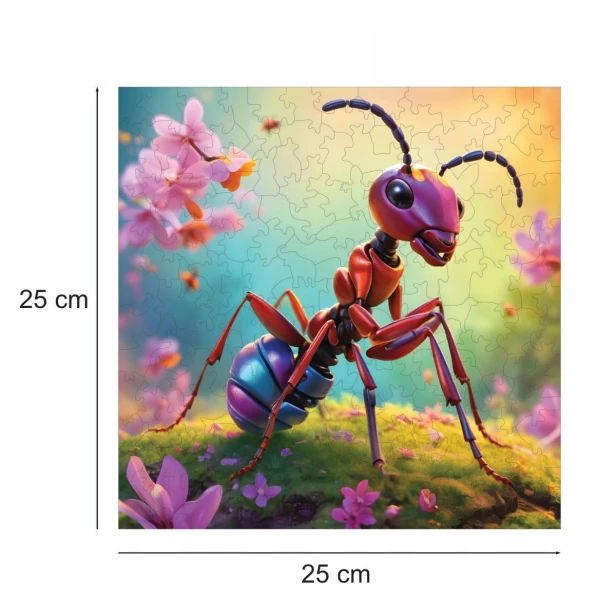 puzzle z mrówką, mrówka, słodka mrówka, mrówka na kolorwym tle,  25x25cm , kwadratowe puzzle, nieregularne kształty, puzzle drewniane, 150 elementów