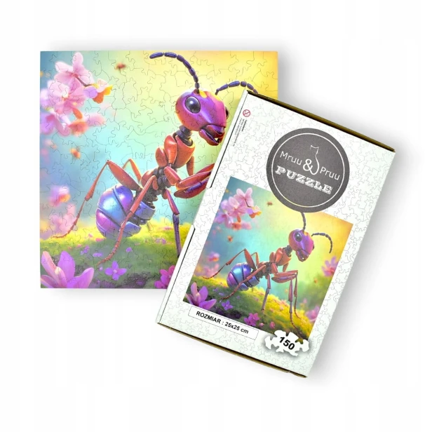 puzzle z mrówką, mrówka, słodka mrówka, mrówka na kolorwym tle,  25x25cm , kwadratowe puzzle, nieregularne kształty, puzzle drewniane, 150 elementów