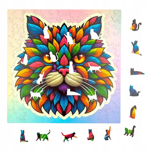 puzzle z kotem, kot z liści, kotek, kot, kot na tle kolorowego tła, głowa kota,  25x25cm , kwadratowe puzzle, nieregularne kształty, puzzle drewniane, 150 elementów