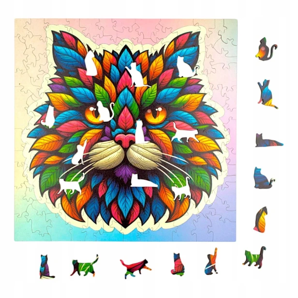 puzzle z kotem, kot z liści, kotek, kot, kot na tle kolorowego tła, głowa kota,  25x25cm , kwadratowe puzzle, nieregularne kształty, puzzle drewniane, 150 elementów
