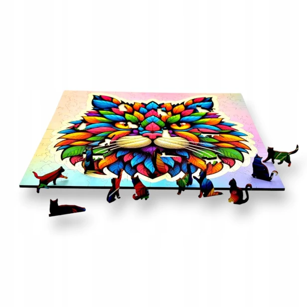 puzzle z kotem, kot z liści, kotek, kot, kot na tle kolorowego tła, głowa kota,  25x25cm , kwadratowe puzzle, nieregularne kształty, puzzle drewniane, 150 elementów