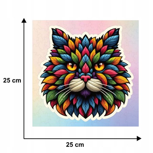 puzzle z kotem, kot z liści, kotek, kot, kot na tle kolorowego tła, głowa kota,  25x25cm , kwadratowe puzzle, nieregularne kształty, puzzle drewniane, 150 elementów