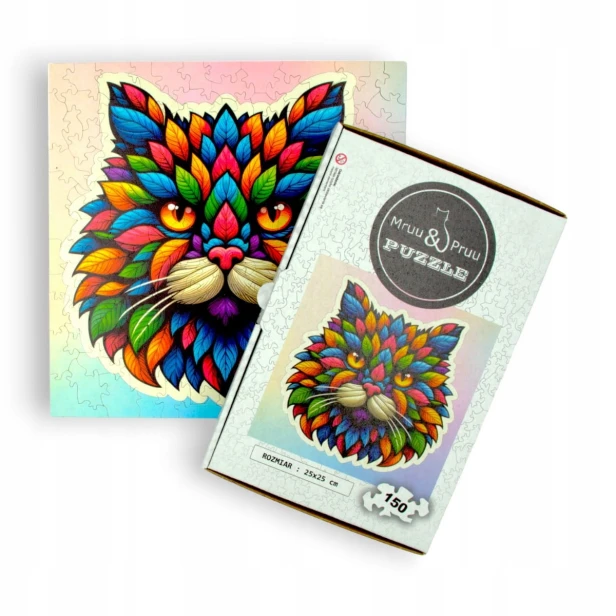 puzzle z kotem, kot z liści, kotek, kot, kot na tle kolorowego tła, głowa kota,  25x25cm , kwadratowe puzzle, nieregularne kształty, puzzle drewniane, 150 elementów