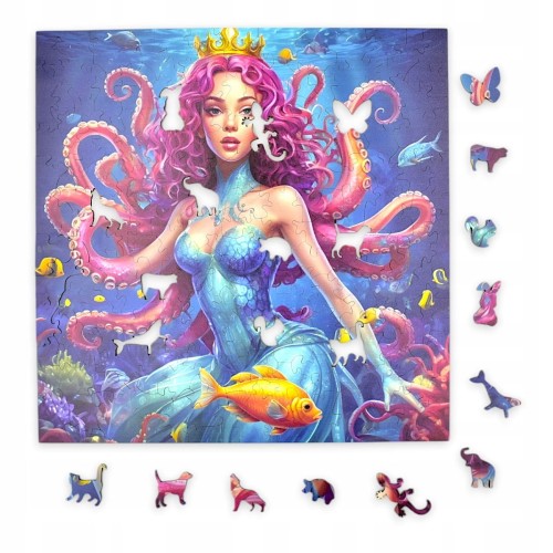 puzzle kobieta ośmiornica , ośmiornica , krajobraz podwodny , 25x25cm , kwadratowe puzzle, nieregularne kształty, puzzle drewniane, 150 elementów