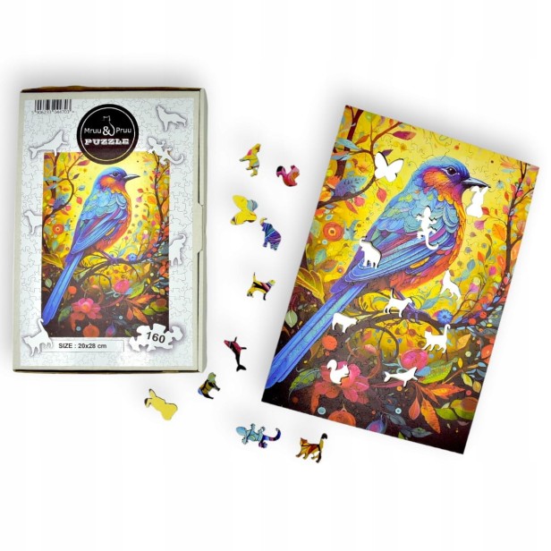 puzzle ptak 160 elementów, puzzle drewniane, mruu&amp;pruu puzzle, ptak, kolorowe puzzle ptak, układanka drewniana