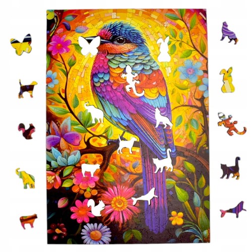 puzzle ptaszek 160 elementów, puzzle drewniane, mruu&amp;pruu puzzle, ptaszek, kolorowe puzzle ptaszek, układanka drewniana