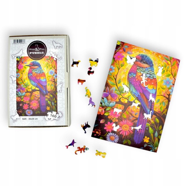 puzzle ptaszek 160 elementów, puzzle drewniane, mruu&amp;pruu puzzle, ptaszek, kolorowe puzzle ptaszek, układanka drewniana