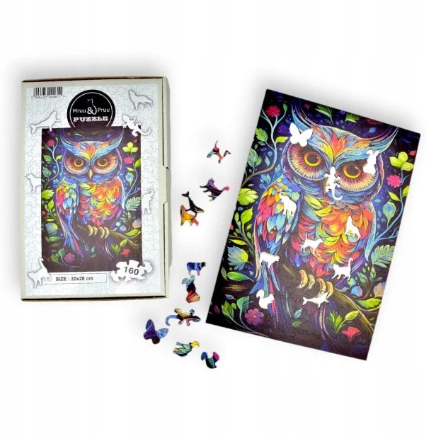 puzzle sowa 160 elementów, puzzle drewniane, mruu&amp;pruu puzzle, sowa, kolorowe puzzle sowa