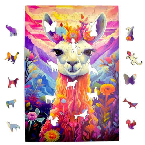 puzzle lama 160 elementów, puzzle drewniane, mruupruu puzzle, lama, kolorowe puzzle lama