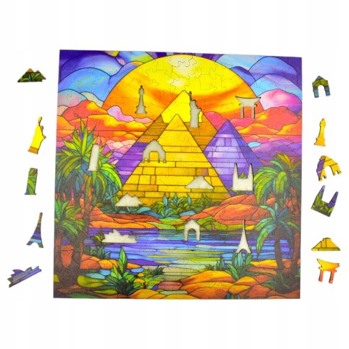 puzzle piramidy w gizie 150 elementów, puzzle drewniane, mruu&amp;pruu puzzle, piramidy w gizie, kolorowe puzzle piramidy w gizie, witraż