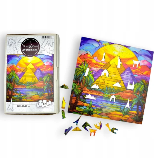 puzzle piramidy w gizie 150 elementów, puzzle drewniane, mruu&amp;pruu puzzle, piramidy w gizie, kolorowe puzzle piramidy w gizie, witraż