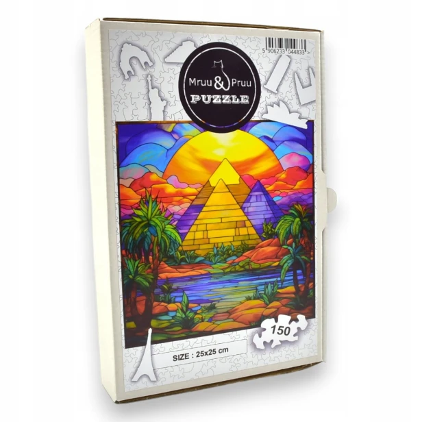 puzzle piramidy w gizie 150 elementów, puzzle drewniane, mruu&amp;pruu puzzle, piramidy w gizie, kolorowe puzzle piramidy w gizie, witraż