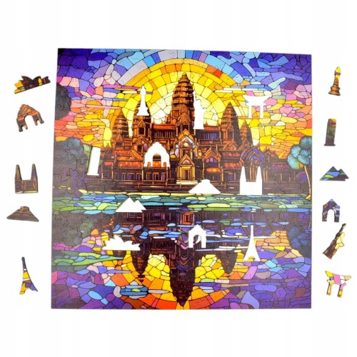 puzzle angkor wat 150 elementów, puzzle drewniane, mruu&amp;pruu puzzle, angkor wat, kolorowe puzzle angkor wat, witraż