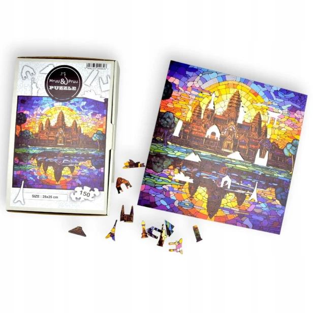 puzzle angkor wat 150 elementów, puzzle drewniane, mruu&amp;pruu puzzle, angkor wat, kolorowe puzzle angkor wat, witraż