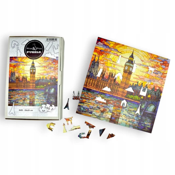 puzzle big ben 150 elementów, puzzle drewniane, mruu&amp;pruu puzzle, big ben, kolorowe puzzle big ben, witraż